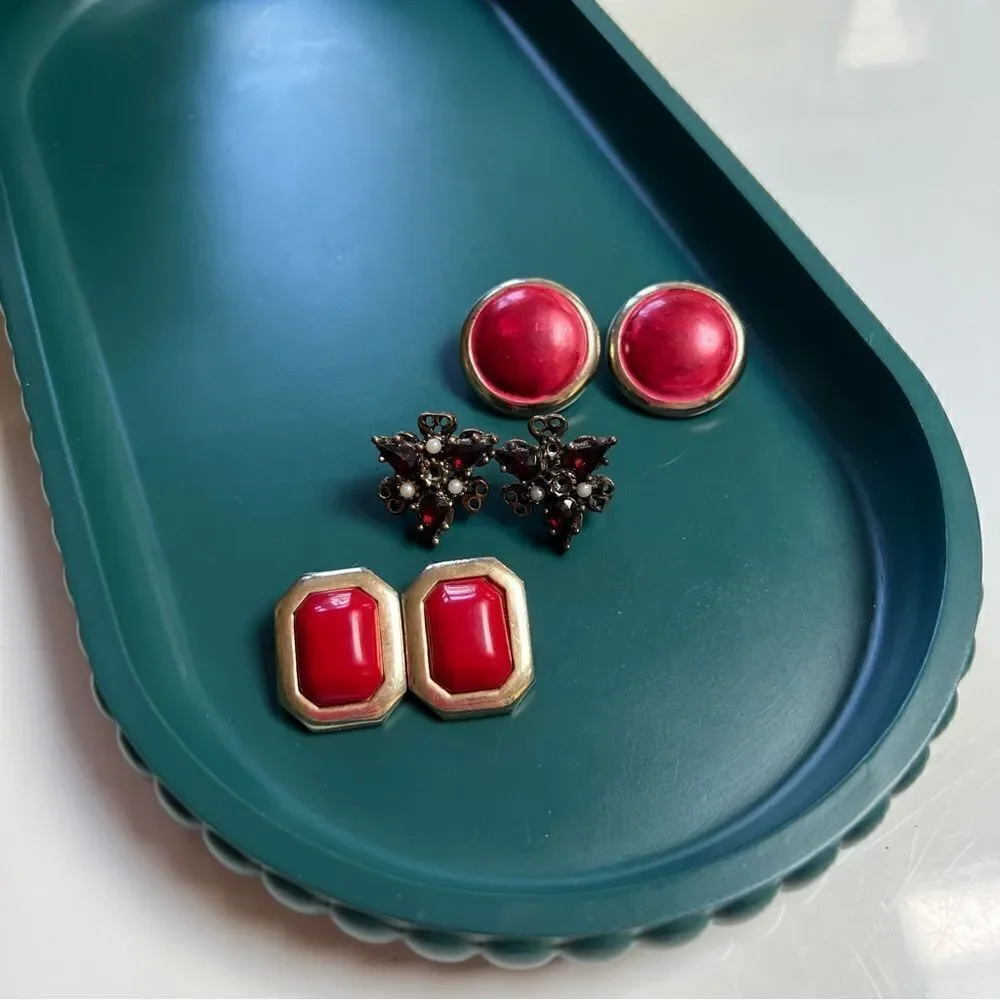 3 Pairs Vintage Mixed Decades 1960s-1980s Red Toned Clip Earrings Lot